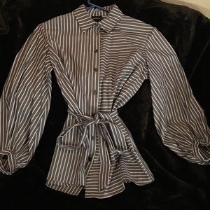 Long button up shirt with puffed sleeves